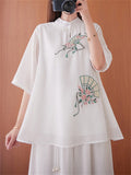 Chinese Style Peach Blossom Fan Embroidery Female Half Sleeve Shirt