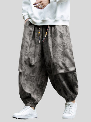 Men's Grey Floral Print Large Pockets Wide Leg Ankle Tied Pants