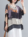 Women's Retro Print Round Neck Half Sleeve Cozy Chiffon Shirt