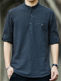 Men's Striped Stand-up Collar Half Button Shirt