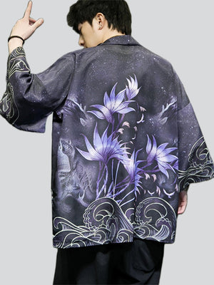 Men's Open Front Crane Flower Lotus Leaf Printed Shirts