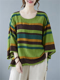 Contrast Color Striped Cotton Linen Scoop Neck T-shirt for Women