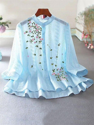 Women's Casual Half Sleeve Lace Shirt with Floral Embroidery