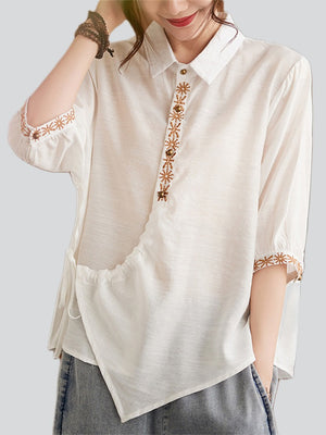 Women's Chic Button Lace-Up Embroidered Lapel Shirts