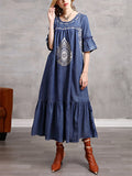 Women's Retro Embroidered Crew Neck Plus Size Dress