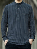 Men's Striped Stand-up Collar Half Button Shirt