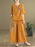 Female Ramie Embroidered Top + Wide Leg Pants Casual Two Piece Set