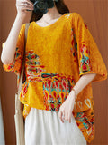 Ethnic Totem Print Round Neck Short Sleeve Shirt for Women