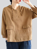 Plain Cotton Linen Long Sleeve Hooded Shirt for Women