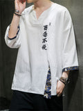 Chinese Style Hanzi Embroidery Men's V Neck Patchwork Shirt