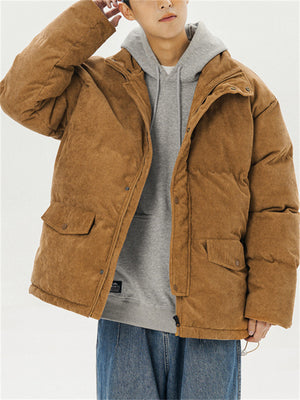 Male Solid Puffer Jackets Corduroy Cotton-padded Coats