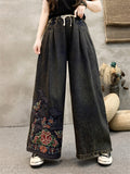 Ethnic Style Peony Embroidery Women's Wide Leg Jeans