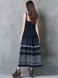 Ladies Bohemian Style Embroidery Sleeveless Pleated Swing Dress