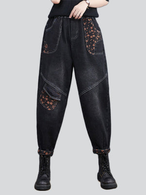 Orange Mini Floral Print Elastic Waist Black Jeans for Women