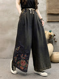 Ethnic Style Peony Embroidery Women's Wide Leg Jeans