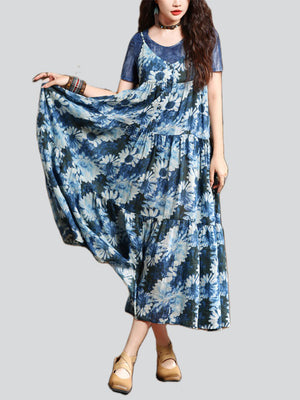 Women's French Style Daisy Print Blue Midi Dress