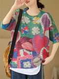 Peach Heart & Flower Print Round Neck Knitted T-shirts for Women