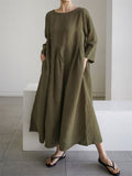 Oversized Round Neck Cotton Linen Pleated Dress for Lady