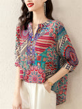 Summer Bohemian Style V Neck Print Vacation Shirt for Women