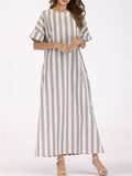 Female Gray White Striped Round Neck Pocket Dress