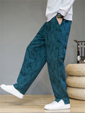 Men's Leaf Jacquard Side Slit Drawstring Casual Pants