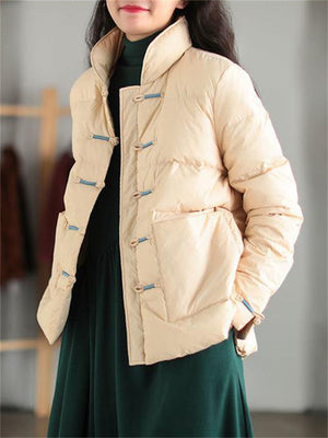 Retro Knot Button Ultra Light Bubble Padded Coat for Women