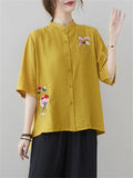 Women's Flowers Embroidered Stand-up Collar Half Sleeve Shirt