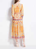 Ladies V-neck Lantern Sleeve Printed Chiffon Dress