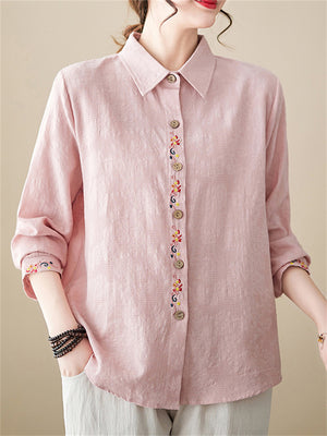 Female Chinese Floral Embroideried Lapel Button Up Linen Shirt