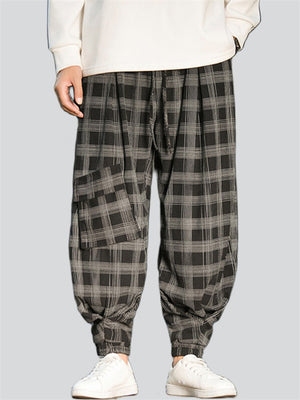 Men's Plaid Corduroy Patch Pockets Drawstring Casual Pants