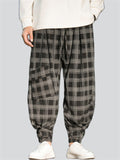 Men's Plaid Corduroy Patch Pockets Drawstring Casual Pants