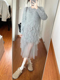 Fashion Transparent Mesh Patchwork Grey Knitted Dress for Lady