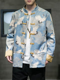 Chinese Fan Crane Printed Faux Suede Jackets for Men