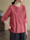 Retro Flower Embroidery Regular Fit Crew Neck Shirt for Women