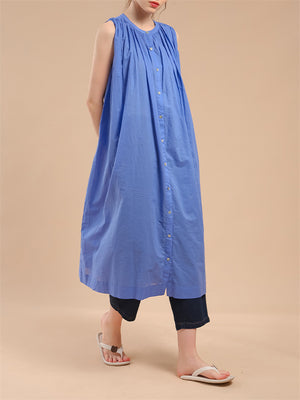 Female Simple Cotton Crew Neck Sleeveless Pleated A-Line Dress