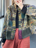 Ladies Retro Abstract Print Knot Button Patch Pocket Cotton Coat