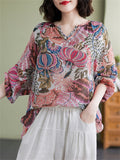 Summer Cozy V Neck Loose Print Long Sleeve Shirt for Women