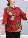 Women's Summer Elegant Peony Print Half Sleeve Shirt