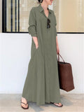 Minimalist Lapel Collar Long Sleeve Pocket Maxi Shirt Dress