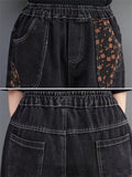 Orange Mini Floral Print Elastic Waist Black Jeans for Women