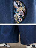 Ladies Floral Embroidered Semi-Circular Patch Elastic Waist Jeans