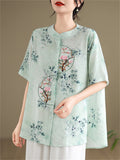 Women's Gentle Flower Embroidery Round Neck Half Sleeve Shirt