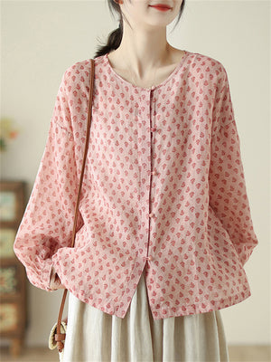 Leaves Printed Women's Chinese Style Pink Shirts