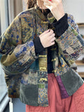 Ladies Retro Abstract Print Knot Button Patch Pocket Cotton Coat