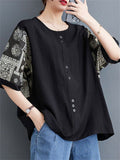 Scoop Neck Button Decoration Print Short Sleeve Shirt for Women