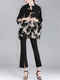 Women's Crane Floral Printing 3/4 Sleeve Oversized Shirts