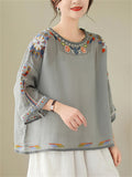 Ladies Ethnic Style Floral Embroidery Round Neck Shirts