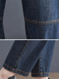 Women's Blue Patchwork Elastic Waist Loose Jeans