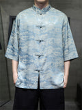 Male Chinese Style Pavilion Jacquard Smooth Button Up Shirts