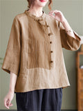 Summer Female Country Style Contrast Color Patchwork Cotton Linen Shirt